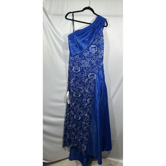 NWT $608 Tadashi Shoji [ 14 ] Embroidered Lace One‎ Shoulder Taffeta Gown Blue - Picture 7 of 15